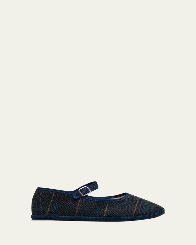Mary Jane Plaid Herringbone Wool-Blend Flats